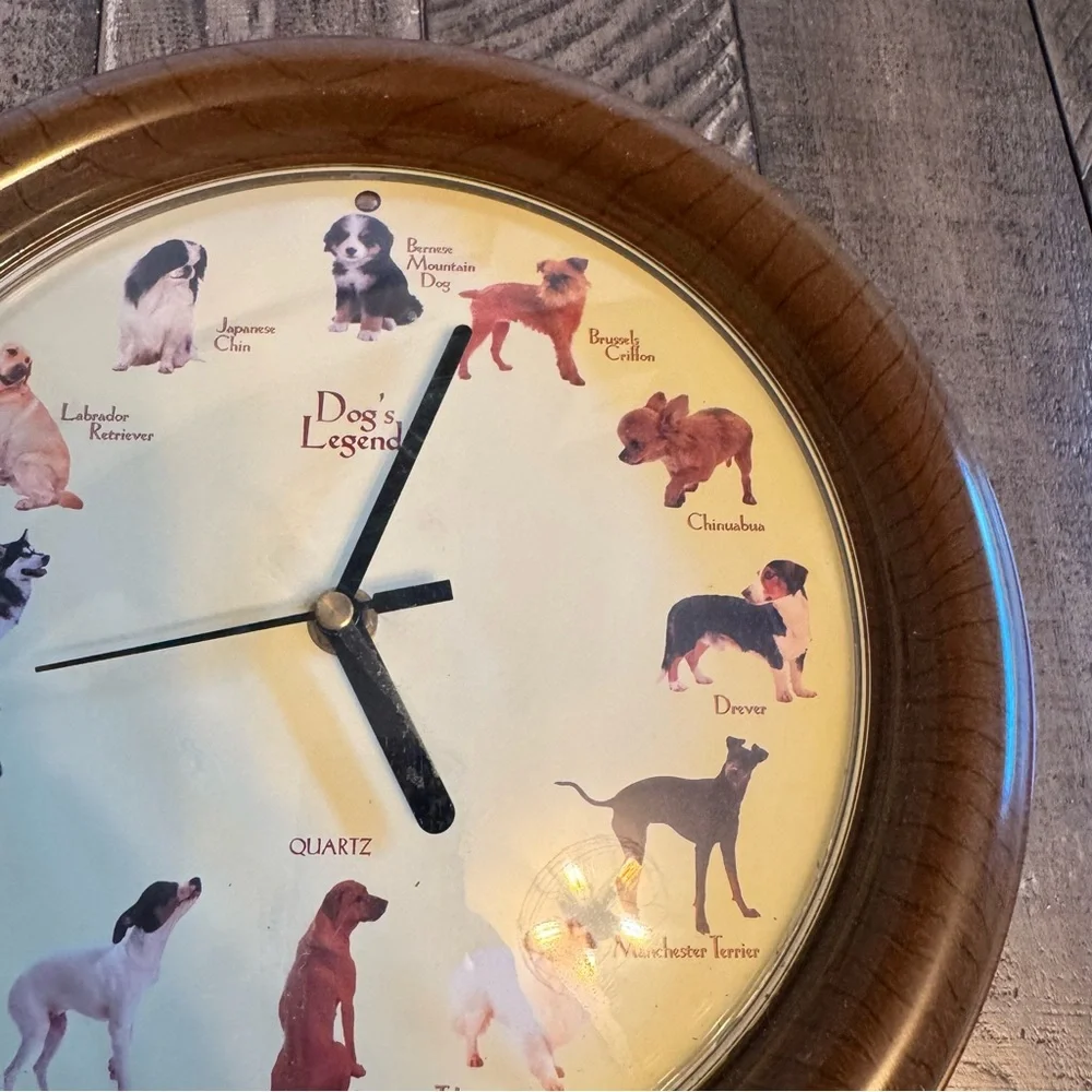 Vintage‎ Quartz Dog's Legend Barking Dog Faux Wood Wall Clock Sound Puppies